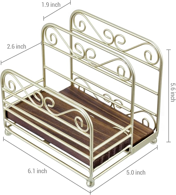 MyGift 2-in-1 Disposable Napkin and Salt & Pepper Caddy, Brass Tone Metal Vintage Scrollwork Dinner Table Paper Towel Condiment Holder with Rustic Burnt Solid Wood Base