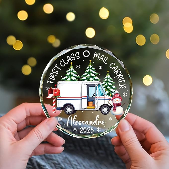 Personalized First Class Mail Carrier Christmas Glass Ornaments, Mail Truck Xmas Ornament 2025, Postman Mailman Postal Worker Christmas Ornament Keepsake Gift, Custom Name & Year for Xmas Tree Decor