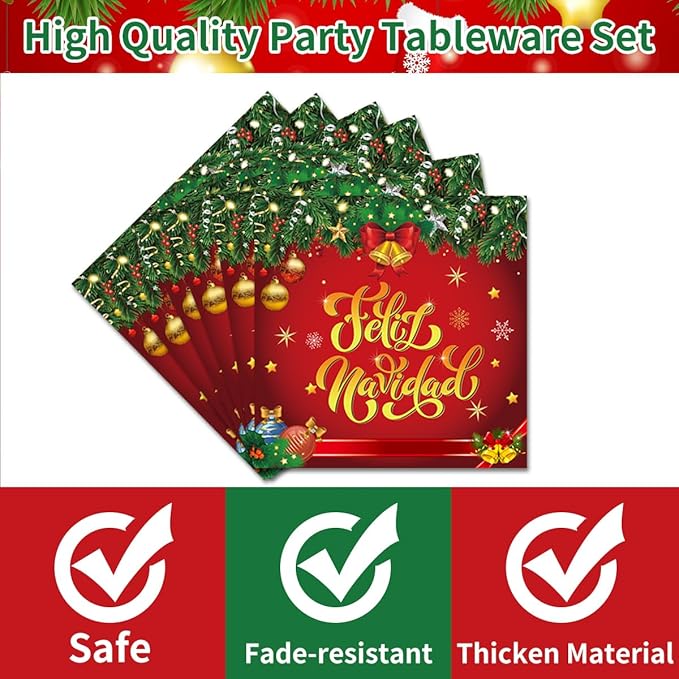 96Pcs Feliz Navidad Decorations Christmas Disposable Tableware Set - Feliz Navidad Red and Green Paper Plates Napkins Forks Mexican Spanish Christmas Party Supplies Serve 24 Guests