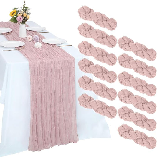 RestfulGlow12 Pack Dusty Pink Cheesecloth Table Runner 10FT Boho Gauze Fabric Table Runner 35 x 120 Inch Rustic Sheer Runner for Centerpiece Wedding Birthday Baby Shower Party Boho Table Decoration