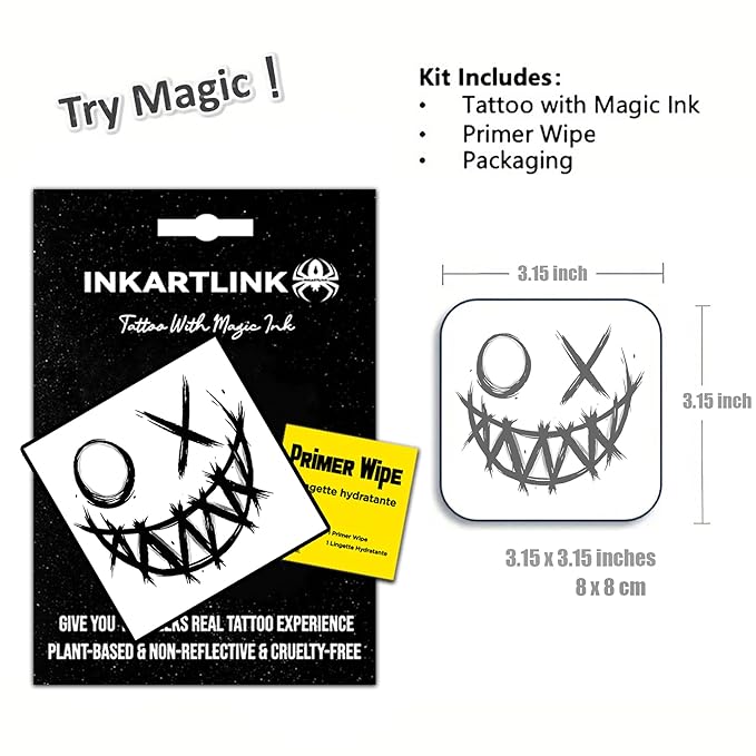 INKARTLINK Semi Permanent Tattoos,Halloween temporary tattoo, party tattoos, realistic, waterproof, cruelty-free, non-reflective (Smiley Face)