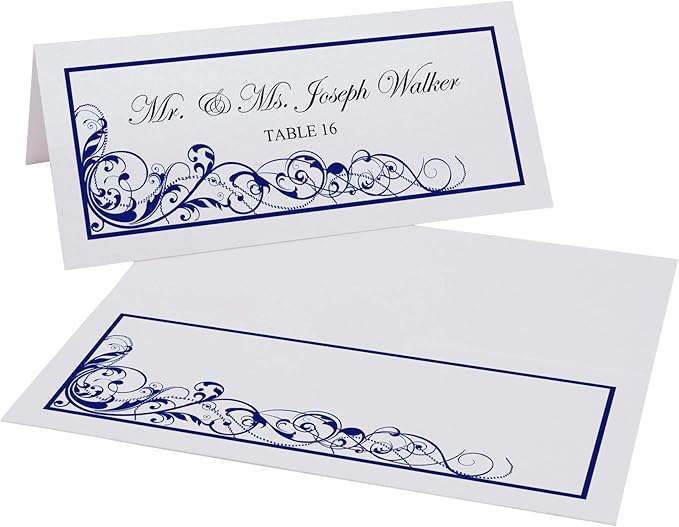 Scribble Vintage Swirl Place Cards, Navy (Choose Color), Set of 25, Pre-cut and Scored - Wedding, Party, Dinner, and Special Events - Made in the USA