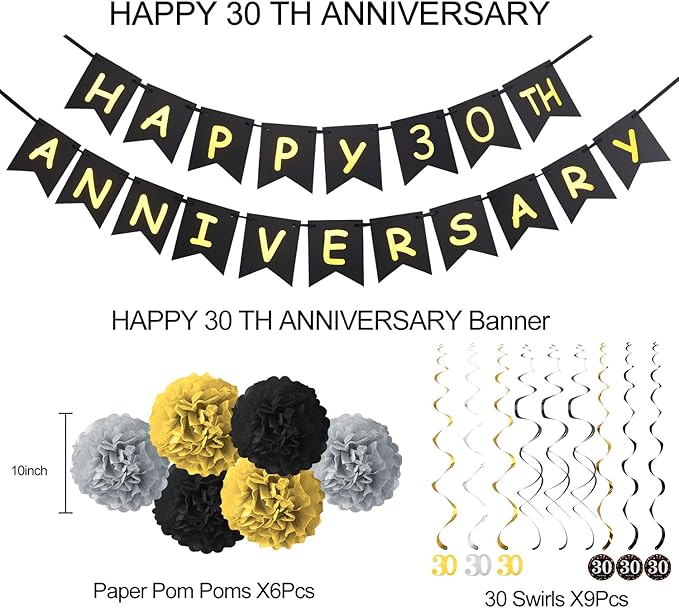 Yoaokiy 30th Anniversary Party Decorations Kit - Gold Happy Banner, 9 Hanging Swirls, 6 Poms for Wedding Celebration Supplies