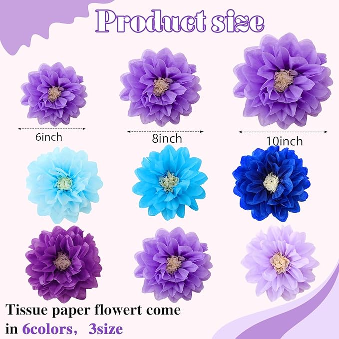 Geyee 18 Pcs Mexican Paper Flowers Colorful Fiesta Tissue Paper Flowers Pom Poms Mexican Carnival for Floral Party Backdrop Wedding Birthday Party Craft, 6" 8" 10"(Blue Purple Series)