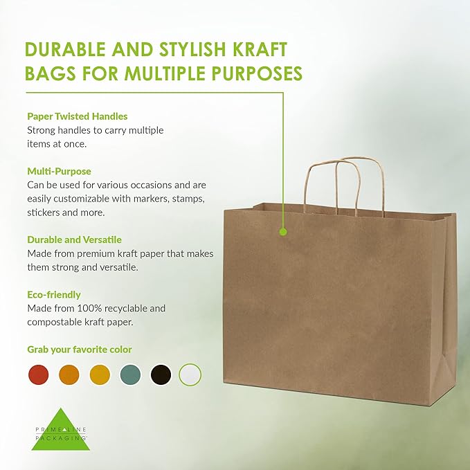 Prime Line Packaging Brown Gift Bags, Kraft Shopping Bags Large with Handles for Small Business, Boutiques, Retail Stores & Grocery Use, Bulk, 16x6x12, 50 Pack