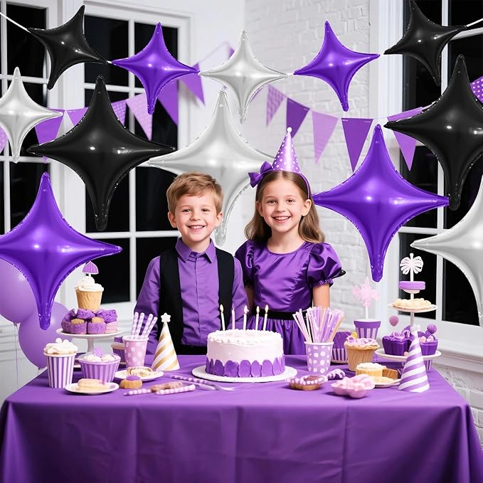Black Purple Silver Star Balloons,12Pcs Four Angle Star Foil Balloons,26Inch and 10Inch Black Silver Quadrangle Helium Balloon for Halloween Birthday Baby Shower Anniversary Party Decorations