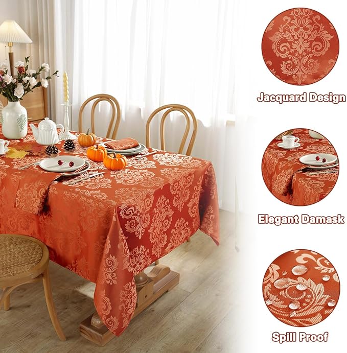 SASTYBALE Thanksgiving Tablecloth Rectangle 52 x 70 Inch Waterproof Stain Resistant Jacquard Damask Table Cloth, Fabric Table Cover for Fall, Autumn, Harvest Party, Holiday Dinner, Burnt Orange/Rust