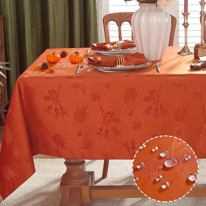 MATIRUG Fall Thanksgiving Tablecloth Rectangle 60X120 inches,Waterproof Wrinkle Resistant Jacquard Table Cloth for Autumn Harvest Holiday, Burnt Orange/Rust