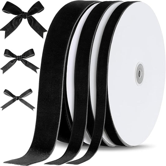 Yilloog 3/8'' 5/8'' 1'' 90 Yards Christmas Velvet Ribbon Vintage Satin Fabric Velvet Ribbon Roll for Christmas Tree Ornaments Decoration Gift Wrapping Bow DIY Crafts (Black)