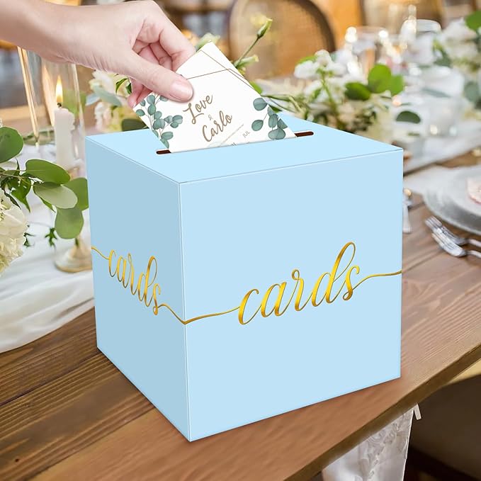 1 Pack Light Blue and Gold Foil Card Box for Party, 8.7" Light Blue Money Box for Birthday, Wedding, Baby Shower, Retirement, Anniversary, Bridal Shower, Raffle Ticket