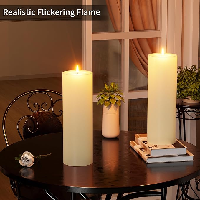 12" x 4" Large Outdoor Candles with Timer Waterproof Flickering LED Flameless Candles Battery Operated with Remote Fake Pillar Candles Realistic for Patio Porch Lanterns, Ivory 2 Pack