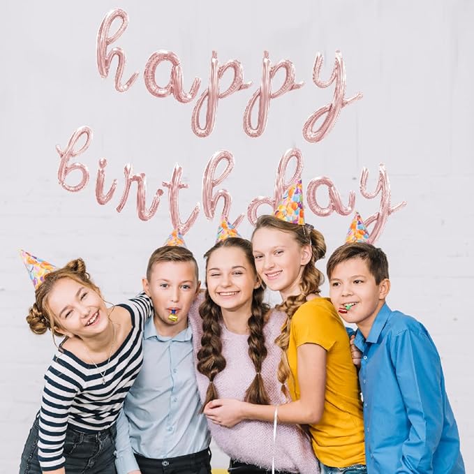 BALLOON VIBE Rose Gold Happy Birthday Balloon Banner - Script/Cursive Mylar Foil Letters Banner for Birthday Decor - Balloons Letters Sign with 4 Straws & Ribbon Roll - Rose Gold