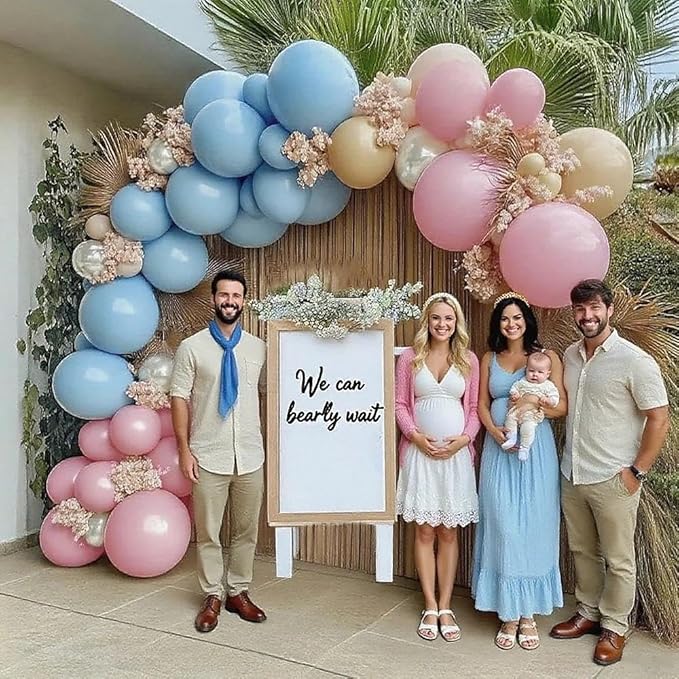 Pink Blue Brown Balloon Garland Double Stuffed Dusty Pink Light Blue White Sand Pearl Balloons Pastel Balloon Arch Kit for Boho Baby Shower Birthday Bridal Shower Bear Gender Reveal Party Decoration
