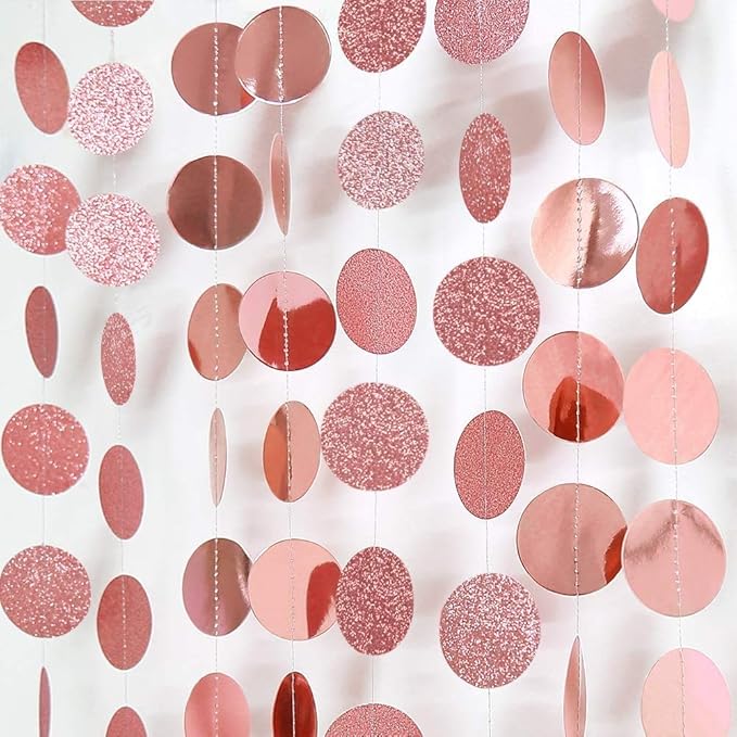 Cheerland Glitter Rose Gold Circle Dot Garland for Rose Gold Party Decorations Hanging Banner Streamer Backdrop Decor Birthday Bday Bridal Shower Bachelorette Ramadan EID Graduation Party Supplies