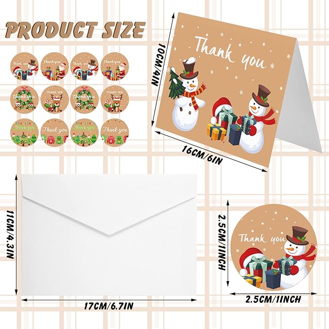 24Set Christmas Thank You Card with Envelopes and Stickers Xmas Greeting Cards Gift Box Santa Christmas Tree Thank You Christmas Cards with Envelope Holiday Thank You Card for Xmas Holiday (Cute)