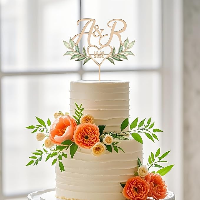 Custom Initials and Date Wedding Cake Topper in Wood Personalized Cake Topper Heart and Green Leaves Design