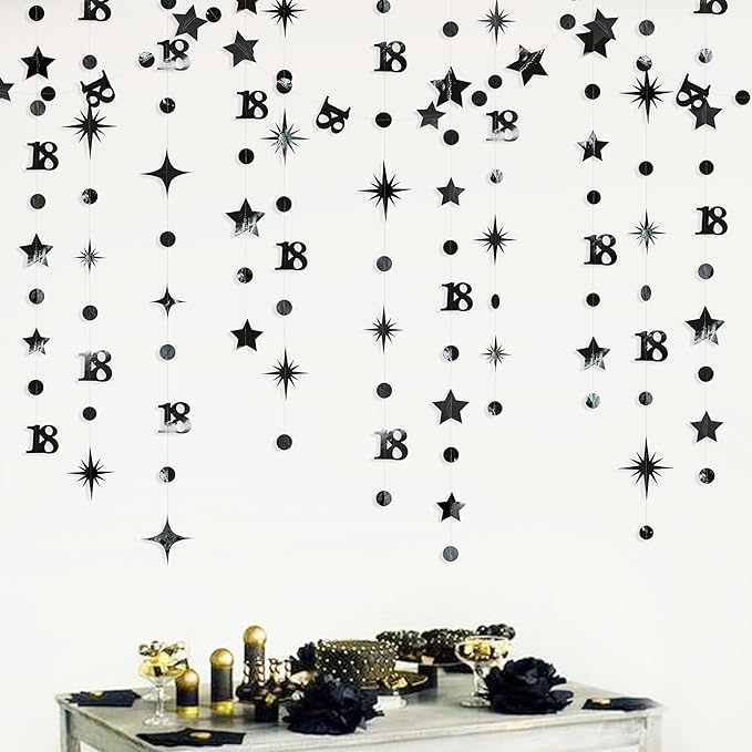 Black 18th Birthday Decorations Number 18 Circle Dot Twinkle Star Garland Metallic Streamer Banner Backdrop for Girls Boys Happy 18th Birthday Time to Adult Cheers to 18 Years Old Anniversary Party