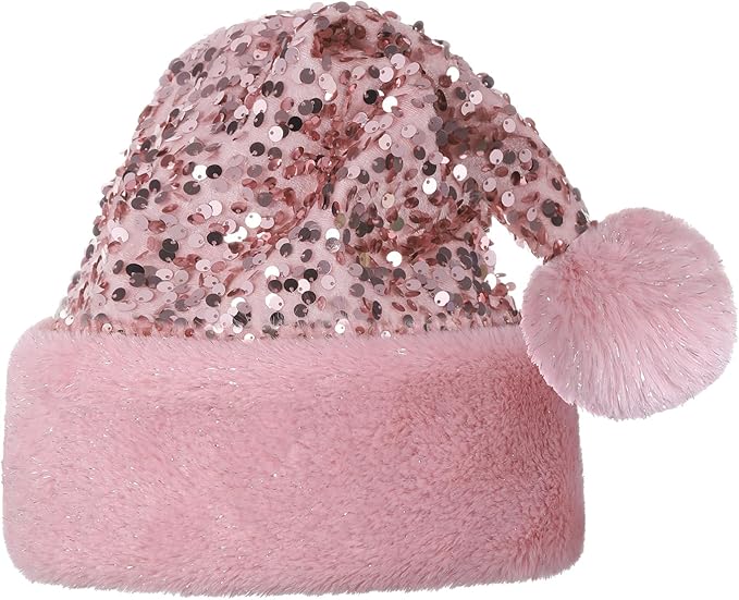 Personalized Sequin Santa Hat for Adults, Pink Glitter Christmas Party Hat, Xmas Halloween New Year Holiday Festive Headwear
