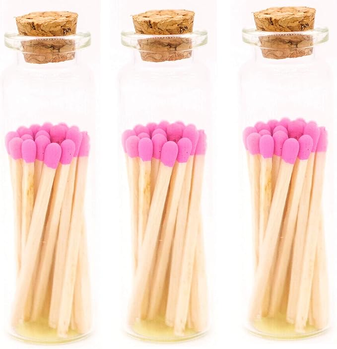 River Birch Decorative Matches in Bottle with Striker - Cute & Colored - 3 Bottles, Magenta Pink Tips, 60 Matches