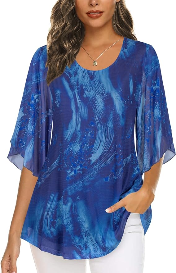 Ninedaily Women's Tops 3/4 Sleeve Blouses Dressy Casual Double Layers Mesh Tunic Shirts