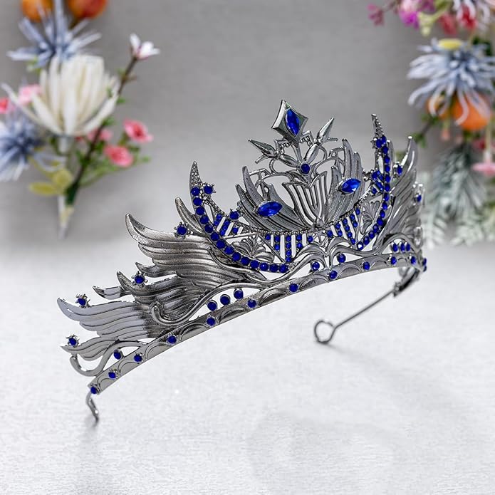Gothic Red Crystal Flame Wing Tiara Crown for Women Girls, Halloween Cosplay Dark Queen Headpiece, Vintage Rhinestone Headband for Masquerade Party Wedding Prom Stage Accessories