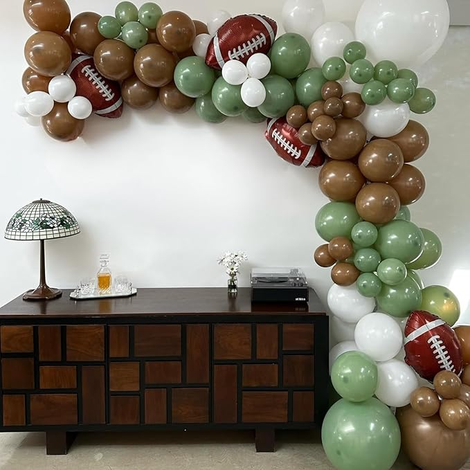 Football Balloons,12 Inch Sage Green and Coffee Brown Balloons with Football Foil Balloon for Boys Game Sports Birthday Baby Shower Party Football Themed Decorations