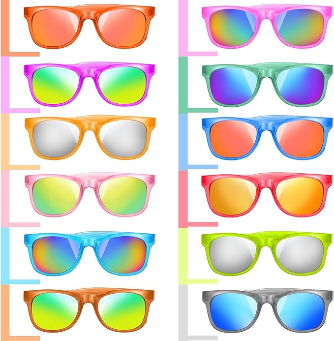 12 Pack Kids Sunglasses Hawaiian Party Favors with UV400 Protection, 12 Colors Neon Sunglasses in Bulk for Boys Girls Birthday, Beach, Summer Pool Party Supplies, Goody Bag Stuffers, Classroom Gift