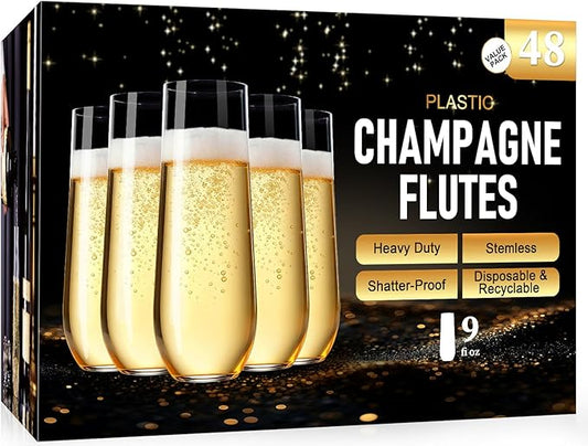 Guanqiao 48 Pack Stemless Plastic Champagne Flutes, 9 oz Clear Disposable Plastic Glasses, Heavy Duty Shatterproof Recyclable Mimosa Glasses for Party Wine Tasting Wedding New Years Eve Party Supplies