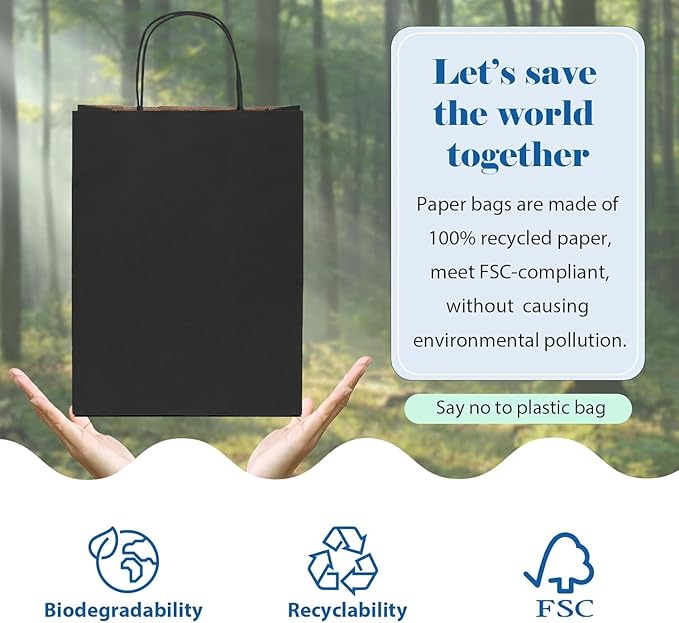GSSUSA 600 Pack 8x4.25x10'' Paper Bags with Handles Bulk, Black Paper Gift Bags for Small Business