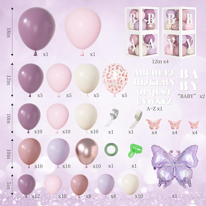Amandir 153Pcs Purple Baby Shower Decorations for Girl, Double-stuffed Pink Purple Balloon Arch Kit Baby Boxes with Letter Foil Butterfly Balloons Sticker for Birthday Wedding Party Supplies