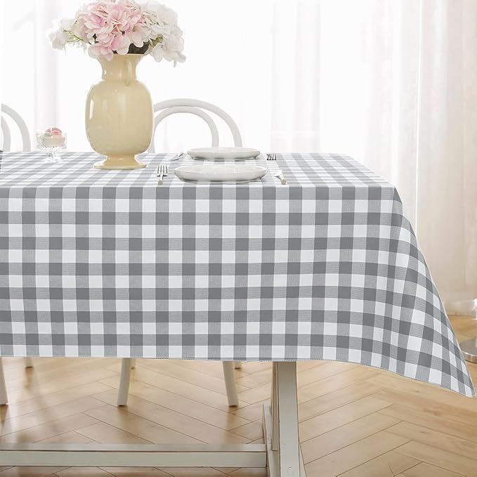 Buffalo Plaid Vinyl Tablecloth with Flannel Backing Rectangle 52 x 70 Inch, Waterproof & Anti Slip Checkered Table Cloth, Plastic Table Cover for Dining, Party, Indoor, Outdoor, Grey and White