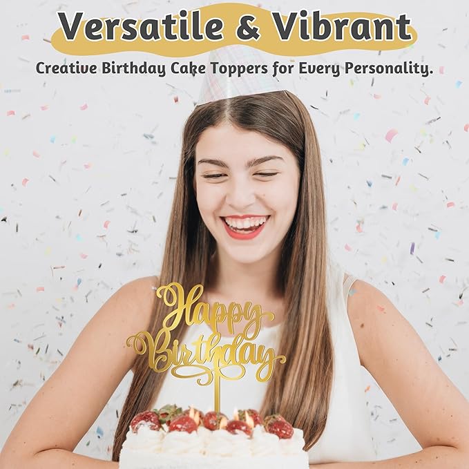 1PCS Gold Happy Birthday Cake Topper, 5.1 x 6.5 Inches Mirror Acrylic Signs Birthday Cake Decorations, Birthday Cake Toppers for Baby Shower, Gender Reveal Cake Decorations, Dessert Parties