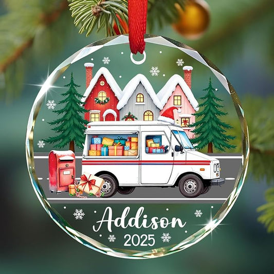 Mail Carrier Christmas Glass Ornament 2025, Personalized Mail Truck Xmas Tree Ornament Gifts for Mailman Postal Worker & Driver, Christmas Truck Decor, Customized Name Mailman Ornaments Xmas