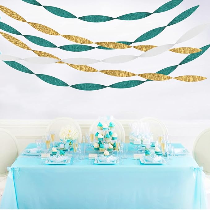 Teal-Turquoise White Gold Party-Decorations Streamers - 9 Rolls Woman Girl Birthday Crepe Tissue Paper Streamer Graduation Wedding Bachelorette Engagement Bridal Baby Shower Garland Decor Panduola