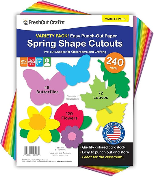 240 Pieces Spring Leaves, Butterflies, Flowers Punch Out Paper Cutouts in Assorted Spring Colors, 2-Sided US Made Card Stock for Spring Crafts, Bulletin Boards, Posters, and Spring Dance Parties