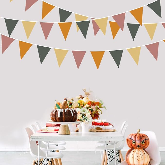 32Ft Fall Party Decorations Retro Colored Fabric Triangle Banner Flag Pennant Bunting Garland Streamers for Fall Birthday Baby Shower Autumn Thanksgiving Day Outdoor Garden Party Decor
