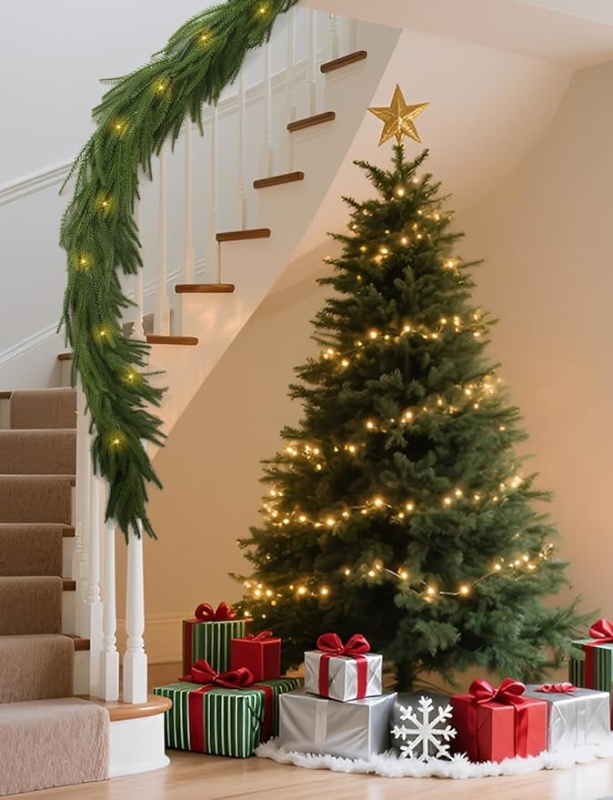 Premium 30% Fuller 6 Ft Artificial Norfolk Pine Garlands with Lights, Real Touch Winter Pine Garland, for Staircase, Table, Mantle, Wall, Indoor, Outdoor Christmas Decorations, Flower Arranging