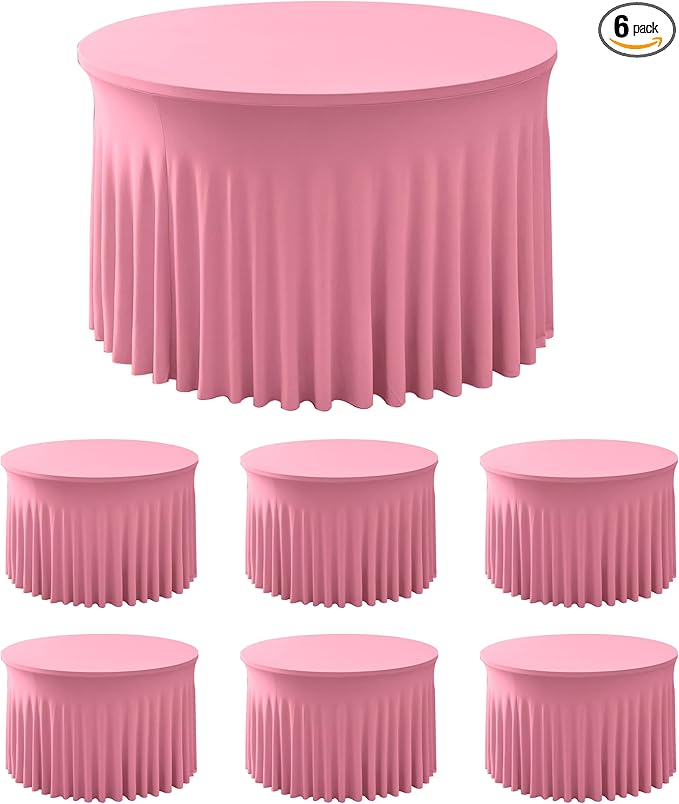 HolidayIdeas 60 Inch Pink Spandex Round Table Skirts,Fitted Stretch Tablecloths for Round 5 ft Table, Wrinkle-Free Ruffle Design Tablecloths for Banquets,Trade Shows, Parties, Events, 6 Pcs