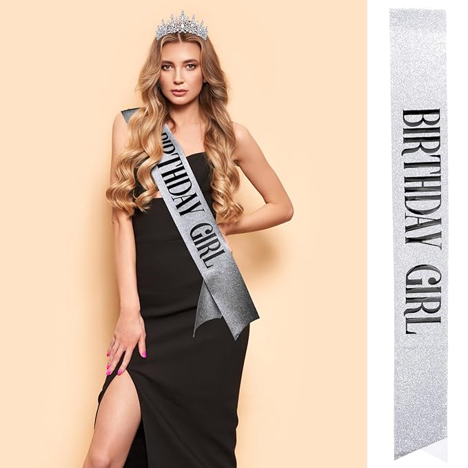 Velscrun Silver Birthday Tiara Crowns for Women Girls Elegant Princess Crown with Combs Birthday Girl Headband Sash Happy Birth Party Decorations Birth Gift Cake Topper Hair Accessories