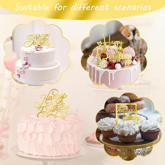 10 PCS Gold Birthday Cake Topper Mirror Acrylic Happy Birthday Cake Toppers Double-Sided Dessert Decorations for Girls Women's Party Supplies Cake Charm Supplies for Birthday Party