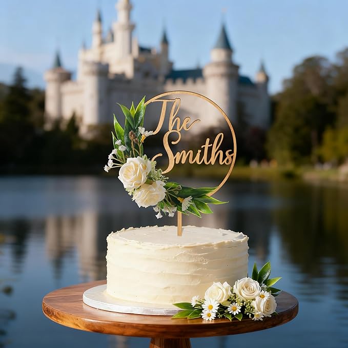 3D Flowers Wedding Cake Topper Custom Last Name Wedding Cake Decoration in Wood with 3D Artificial Roses (Oak)