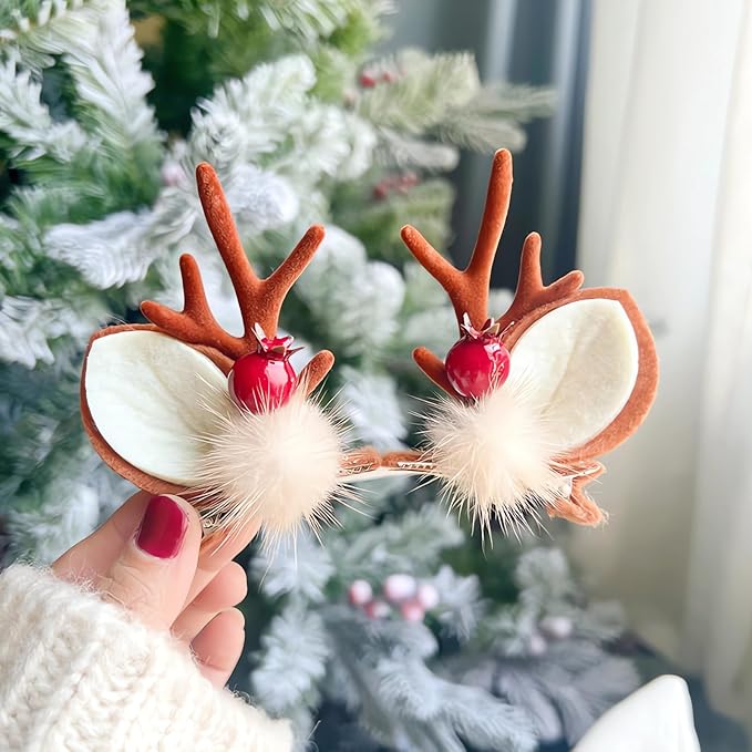 Christmas Reindeer Antlers Headband Brown Red Deer Ears Clips with Elk Fluff Red Antler Design Party Xmas Deer Antlers Decor Holiday Costume Hairpin for Women Girls Deer Ears Decoration