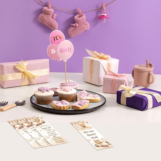 Toerifer Baby Shower Favors for 30 Guests, Baby Shower Set Gift Included 30 Pcs Bamboo Pens 30 Pcs Greeting Cards, Gender Reveal Souvenirs Prizes, Brown Bear We Can Bearly Wait Decor