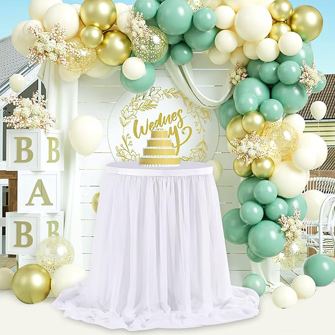 White Table Skirt for Rectangle Tables Chiffon Table Skirt 9FT Sheer Tablecloth for Birthday Party Sweetheart Cake Table Decoration Wedding Table Skirt
