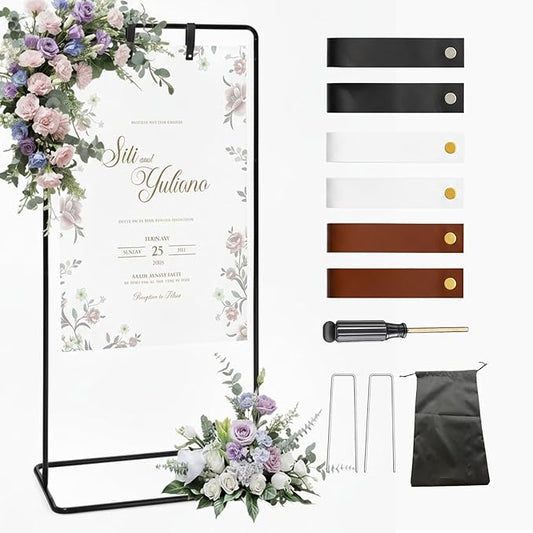 Adjustable Wedding Sign Stand, Wedding Welcome Sign Holder with Leather Sign Hanging Straps, Easel Stand for Sign Display Reception, Party Decor, Portable Sign Holder for Wedding & Baby Showers (Black)