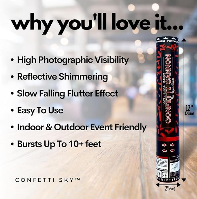 Confetti Sky [6 Pack] 12 Inch Confetti Cannons | Red Confetti Poppers for Wedding Celebration, Birthday Party, Pranks, Graduation, Christmas Eve and New Year Celebration