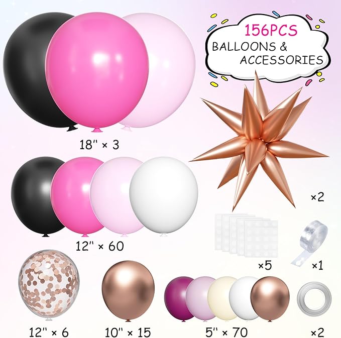 Hot Pink Black and White Balloon Garland Arch Kit, 156Pcs Black Pastel Pink White Rose Gold Balloons with Exploding Star for Birthday Mean Girls Boss Baby Barbie Minnie
