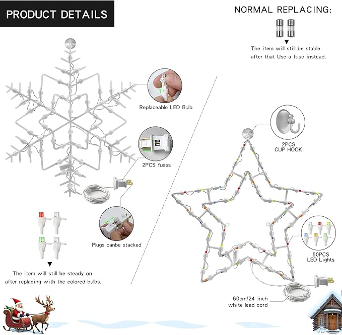 Christmas Window Silhouette LED Lights Decorations, Pack of 2 Sign Lighted snowflake and pentagram Christmas Window Lights with 50 Bulbs for Holiday Indoor Wall Door Glass Decor，Christmas window decor