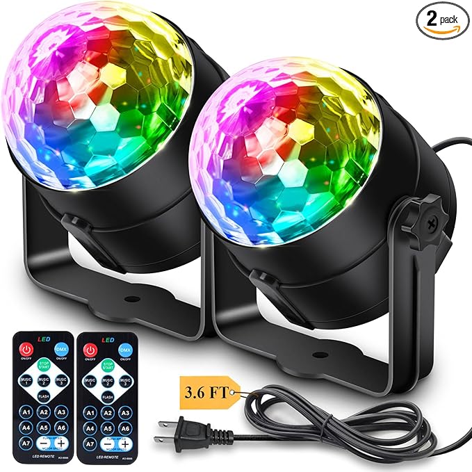 [2-Pack] Disco Ball Party Lights Sound Activated Remote Control, 12 Modes Stage Strobe DJ Lights for Christmas Party Decorations Stocking Stuffers White Elephant Gifts Birthday New Years Eve