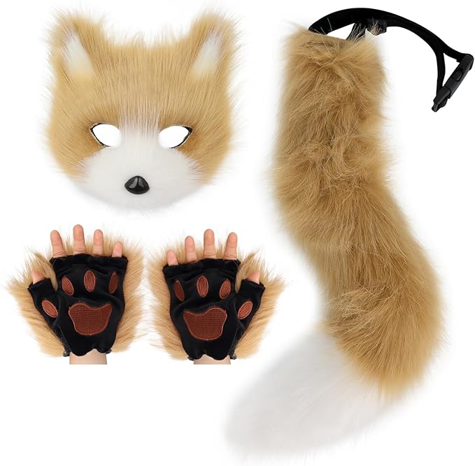 Adolala Faux Fur Fox Tail Cat Wolf Set Plush Mask Fluffy Paw Gloves Halloween Christmas Party for Women